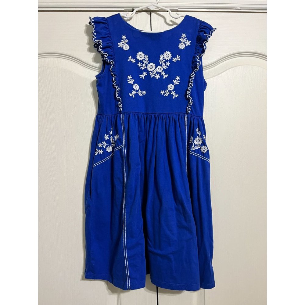 Mini Boden Blue Dress with White Floral Embroidery